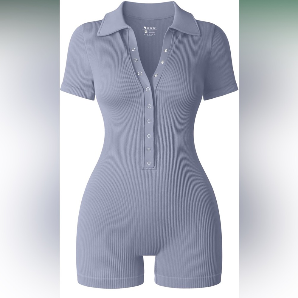 OQQ- Ribbed V-Neck Tummy Control Yoga, Stretch Exercise Romper S